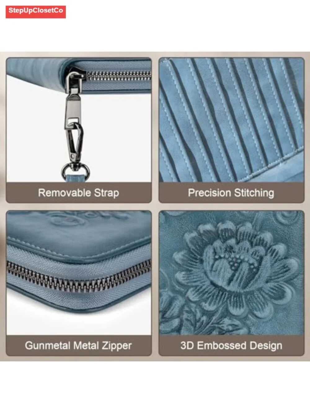 Vegan Faux Leather RFID Wristlet Wallet - Large Capacity Floral Embossed Clutch